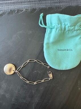 Tiffany & Co. Silver Link Bracelet with Round Disc Charm and Tiffany Blue Pouch